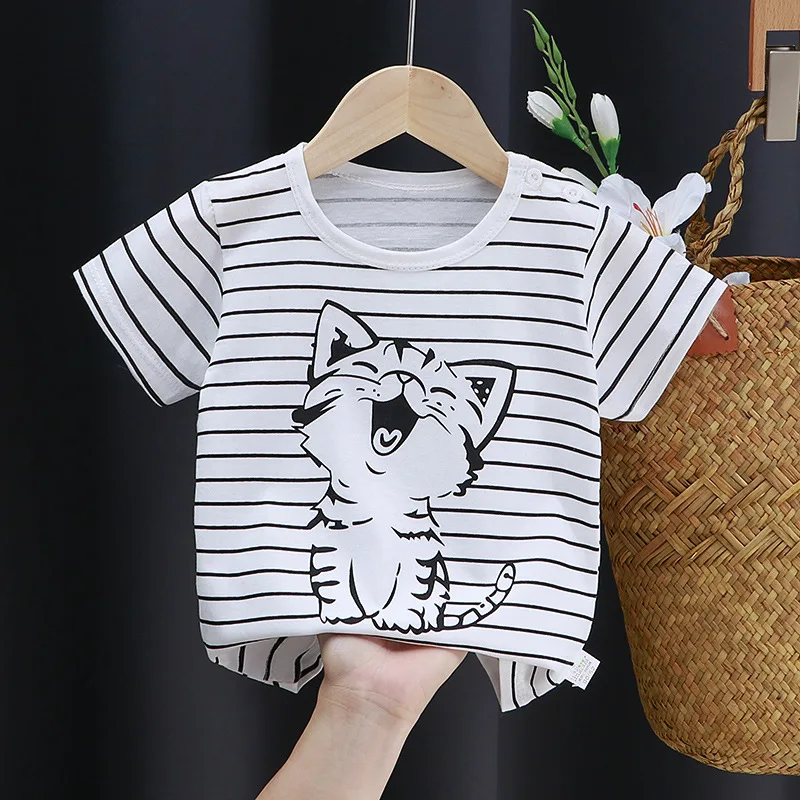 China Factory Wholesale T-shirts Summer Boy Cotton Cartoon T Shirts Girl Kids Striped Style