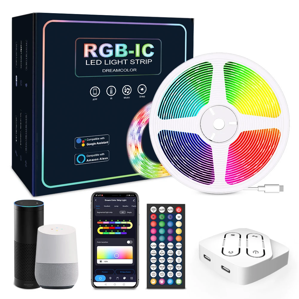 Remote Control 16.4ft 32.8ft Dynamic RGBIC Color Changing Chasing Effect Music Sync Addressable Dreamcolor LED Strip Light