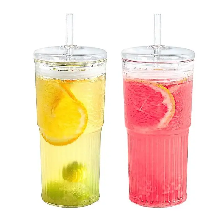 Hot Sale 32oz Transparent Stone Pattern Glass Straw Cup Mugs Coffee Water Clear Glass Cups