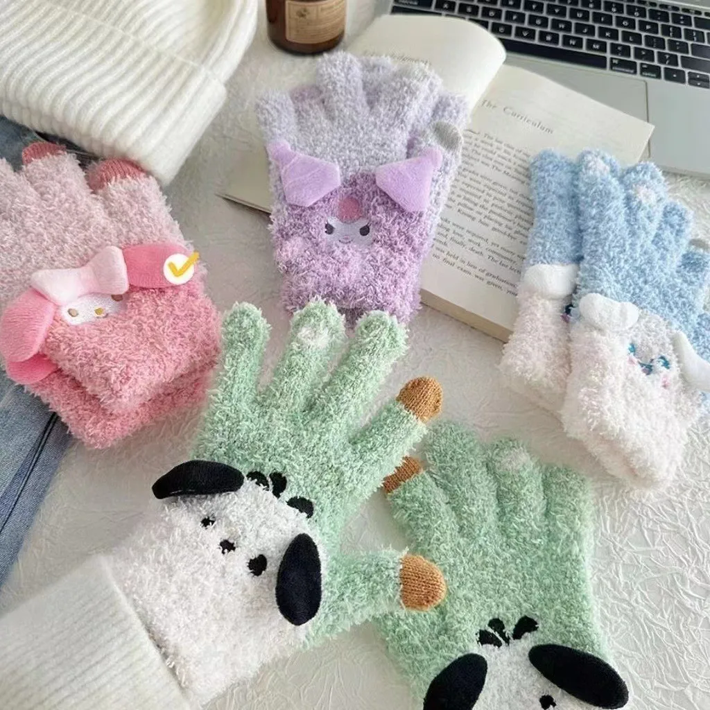 Kawaii Sanrio Kuromi Gloves Cartoon My Melody Cinnamoroll Pochacco Plush Adult Warm Gloves Cute Girl Hand Protector Gloves