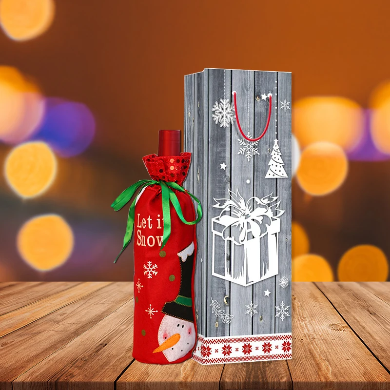 Wholesale Christmas Fashion Wood Grain Paper Bag Gift Wine Bottle Paper Bag Christmas Box Logo Custom Packaging