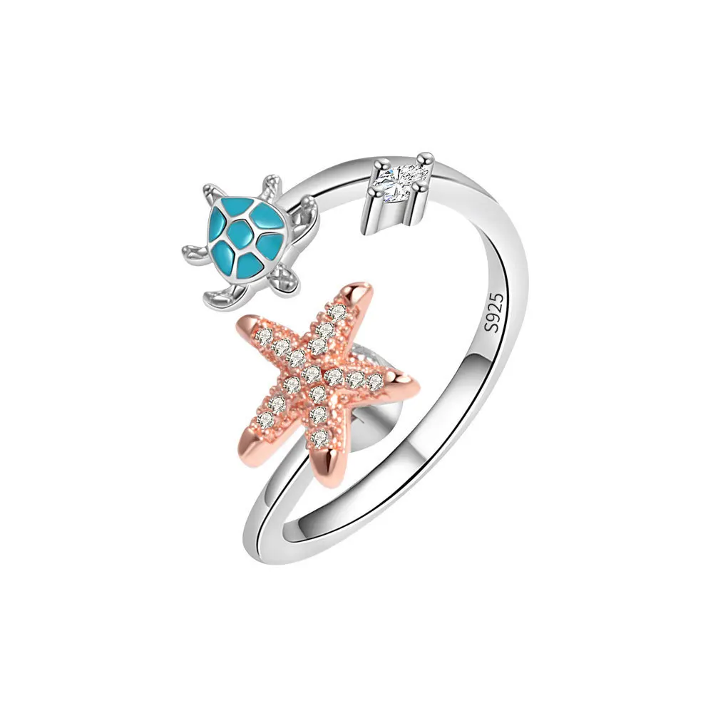 Daidan Starfish Rose Gold Anti Stress Fidget Spinner Rotating Gold Plated 925 Silver Turtle Ring In Silver
