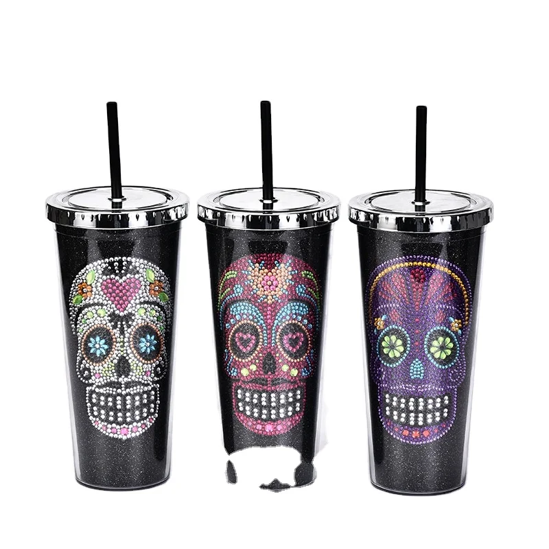 Template Double-layer Plastic Straw Halloween Skull Head Water Cup
