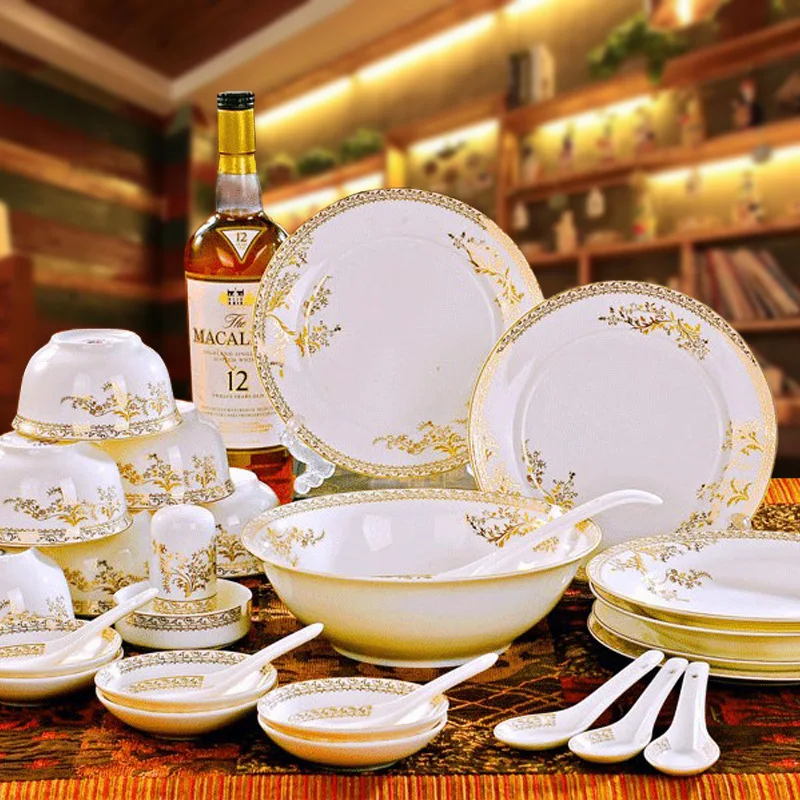 Dinner Sets Bowl and Dish Dinnerware Set Design Royal Porcelain Luxury 28pcs Household Gold Carton Party Ceramic for 6 Users