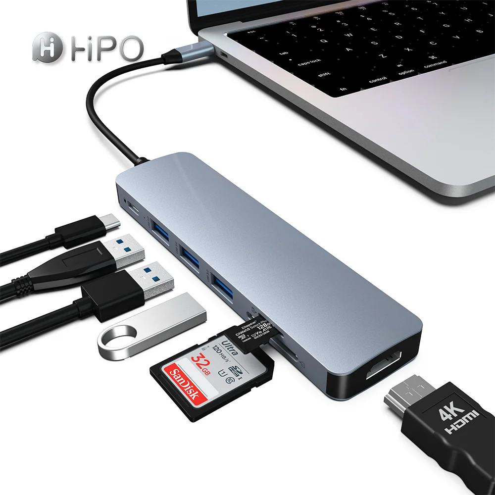 HUB USB C Adapter 7 in 1 with USB 3.0 4K- USB C Connection PD SD TF Card Reader Docking Station Compatible with MacBook Pro Air