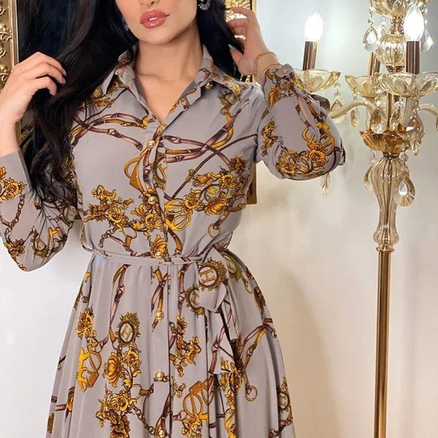 Latest Design Middle East Muslim Dress Indonesia Vintage Print Large Swing Skirt Shirt Dress Elegant Casual Dresses