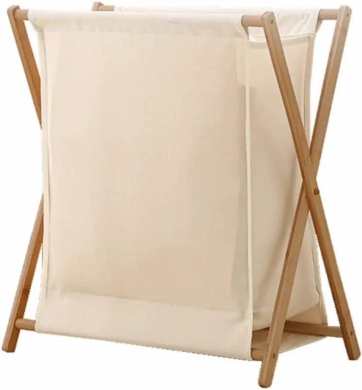 Bamboo Wood X-frame Laundry Hamper with Lid Collapsible Dirty Clothes Laundry Basket Foldable Storage for Household