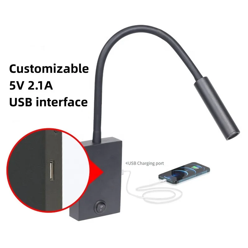 Keehome  3w Modern Hose Wall Lamp Hotel Room Bedside Flexible Led Reading Lamp Wall Mounted