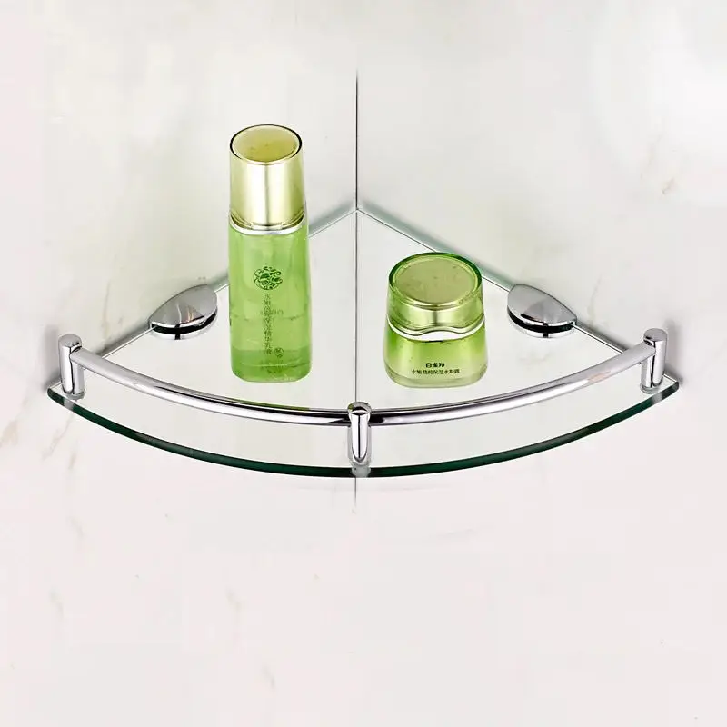 Stainless Steel Wall Mount Single Tier Bathroom Glass Corner Shelf Triangle Glass Shower Shelf