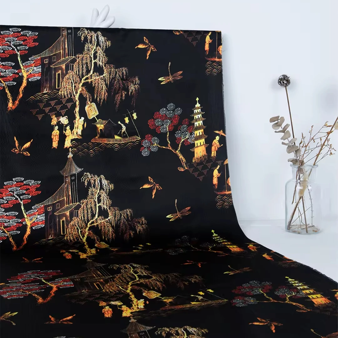 Chinese style 100% pure silk pearl satin 16mm digital printed fabric for women luxury garment