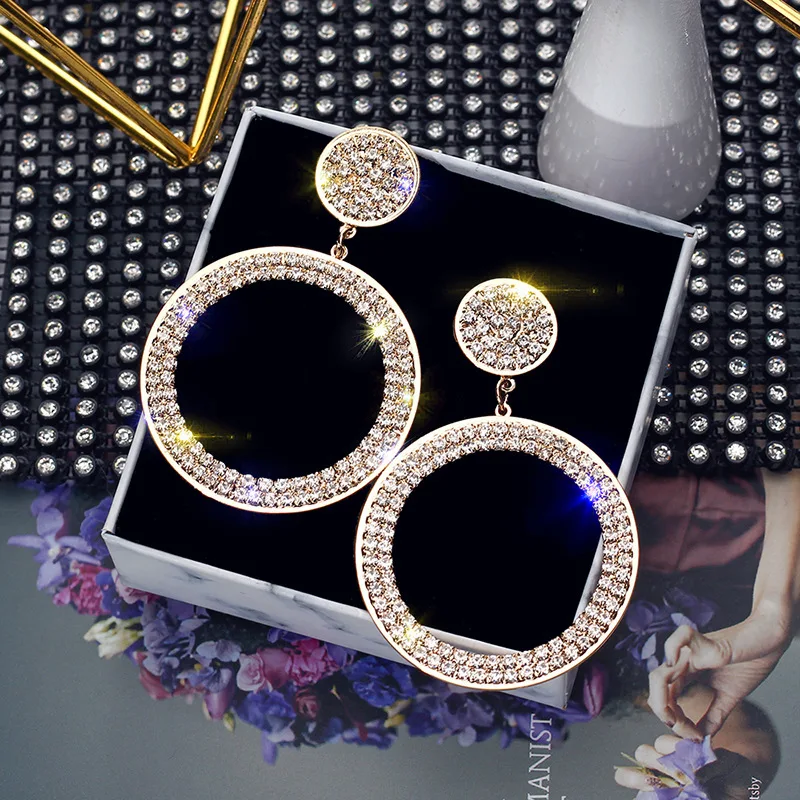 E-126 Simple Design Crystal Rhinestone Extravagant Earrings Beautiful Color Latest Large Ladies Earrings