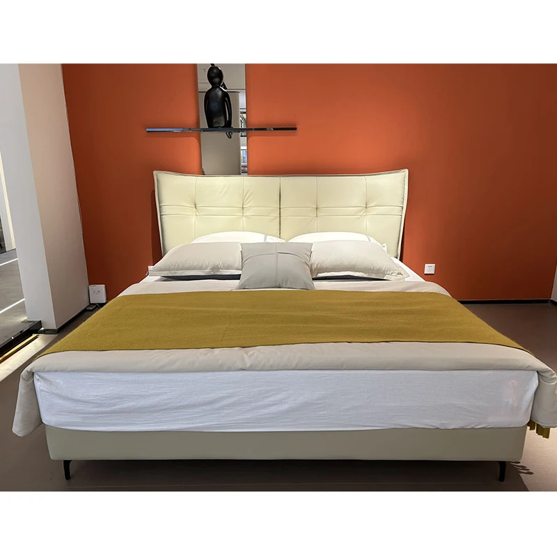 Luxury California Hotel Modern Genuine Leather Full Platform Single King Queen Size Bed Frame with Leather Headboard