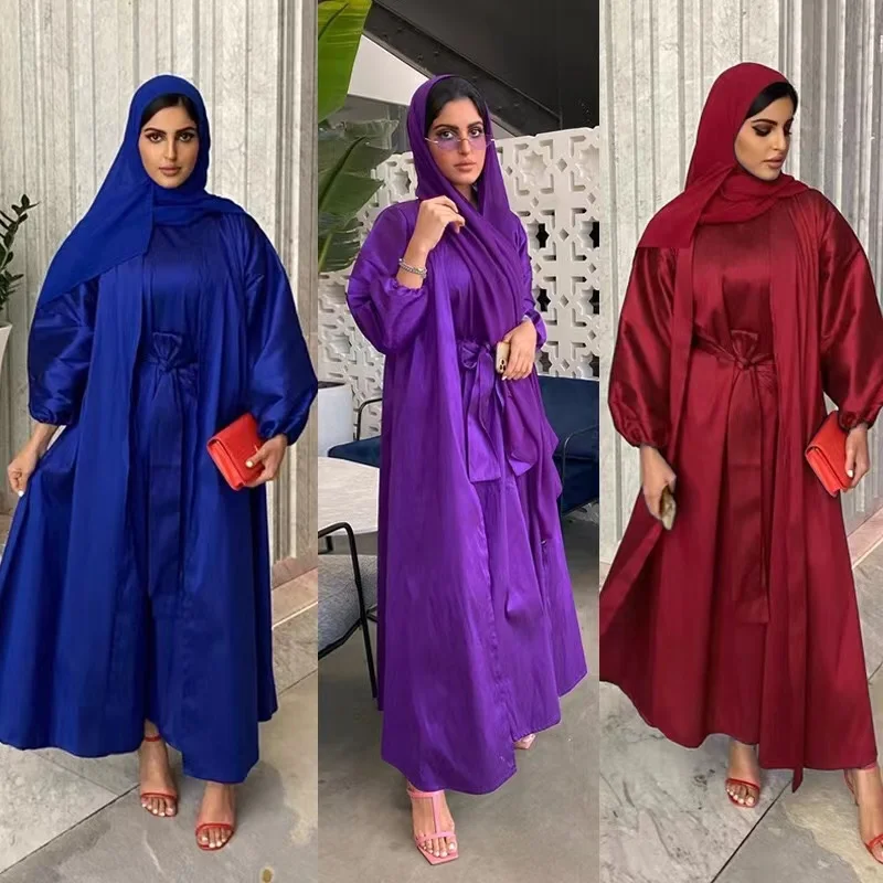Brand New Ramadan design Stock Muslim women Clothing 2 piece Maxi Dress Satin Dubai Saudi Arba Open Abaya Robe