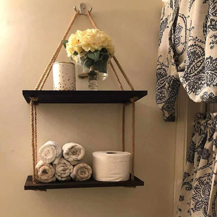 Custom Easy To Install Home Decor Rope Black Walnut Wooden Wall Hanging Floating Shelve