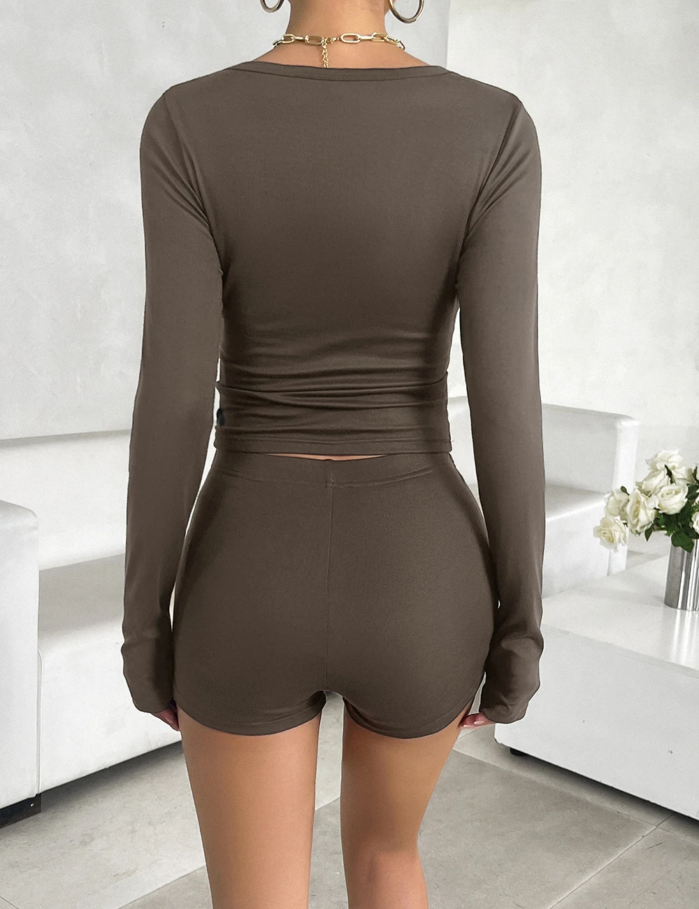 Ladies Fashion Slim Long Sleeve Crop Top and Shorts Sets for Women Two Pieces New Arrivals