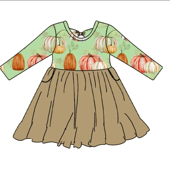 MR090 Halloween Baby Girl Lace Up Dress Custom Print Lovely Dress Baby Girl Pocket Frock