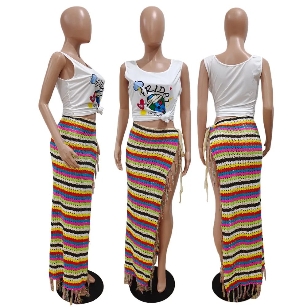 Summer Designer Knitted Tassel Asymmetric Split Skirts Colorful Beach Cover Up Crochet Beach Skirt Hollow Long Stripe Skirt
