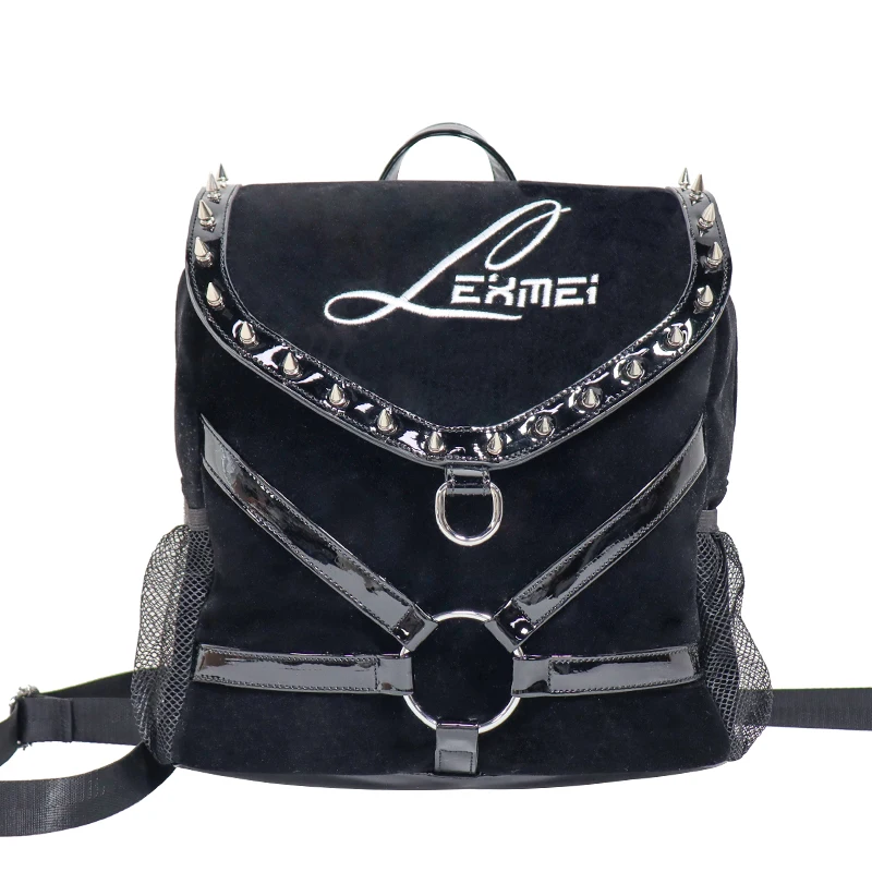 Custom Printing Logo Dark Style Witch Gothic Black Velvet Backpack Punk Ladies Purse With Rivets