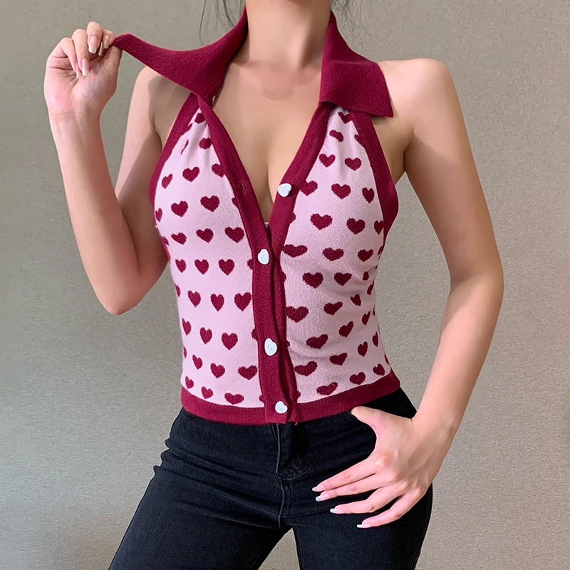 
Custom Sexy Halter Woolen Polo Collar Top Cute Graphic Crop Top Shirt 