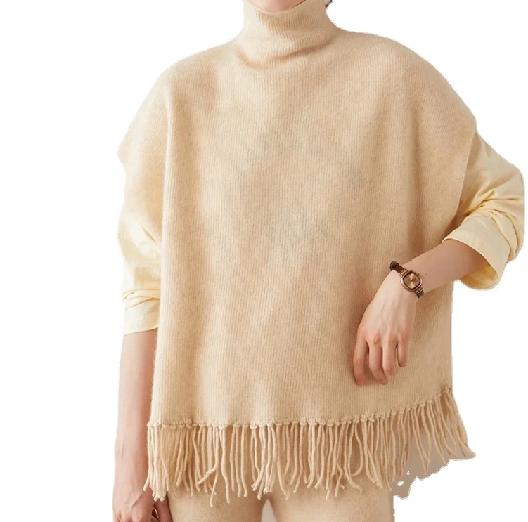 Custom Autumn Winter New Cashmere Sweater Women Half High Neck Warm Vest Cloak Fringe Sleeveless Knitted Thick Outside