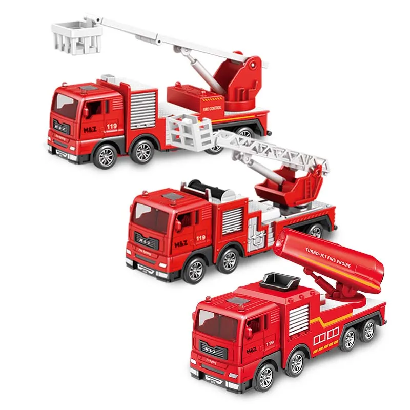 Pull Back Die-cast Alloy Fire Truck Vehicles Play Set Extendable Rotating Ladder Alloy Firetruck Toys With Kids