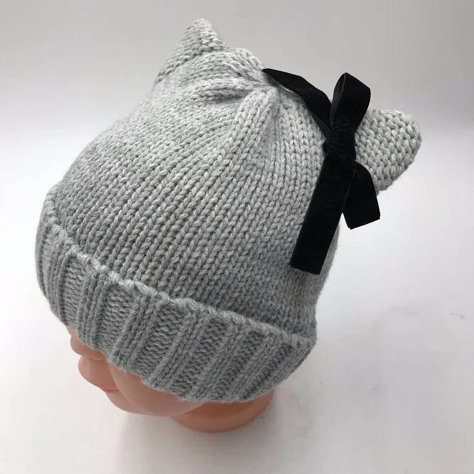 cute kid acrylic warm knitted beanie hat with two ears and knot