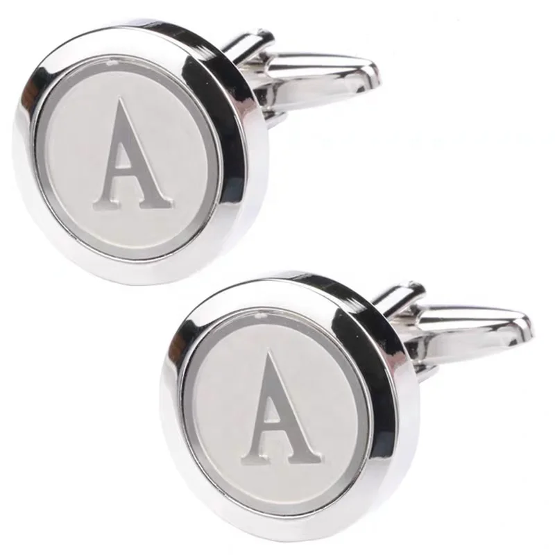 Mens Classic Initial Cufflinks 26 Alphabet A-Z Letter Business Wedding Stainless Steel Engraved Cufflinks for Gift and Party