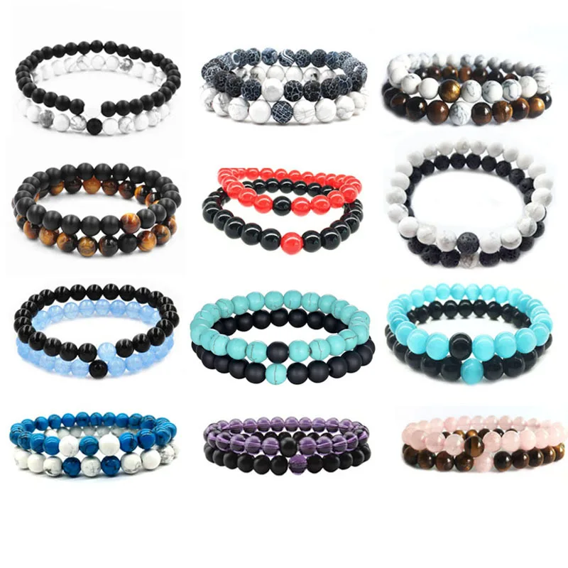 Couples bracelet set 8mm natural stone lava black bright hand bracelet