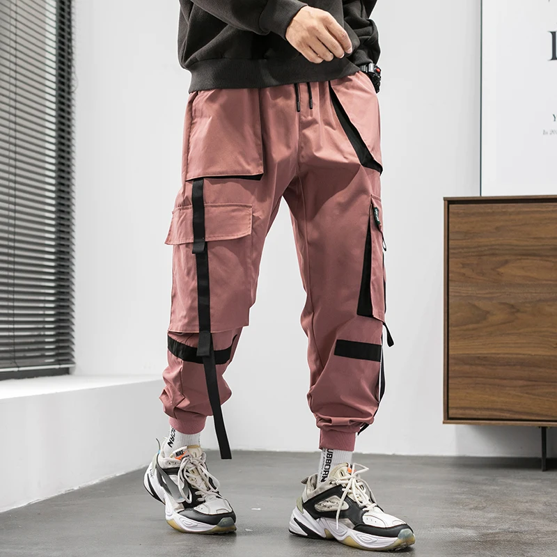 2022 autumn new fashion design loose fit mens cargo pants with fabric strips tape custom printing logo pants