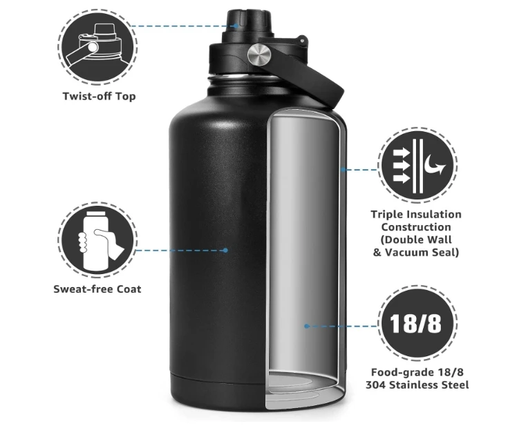 Half Gallon water JUG 64oz Water Bottle with Paracord Handle and Sleeve bag,  All Around Travel Tumbler with Handle