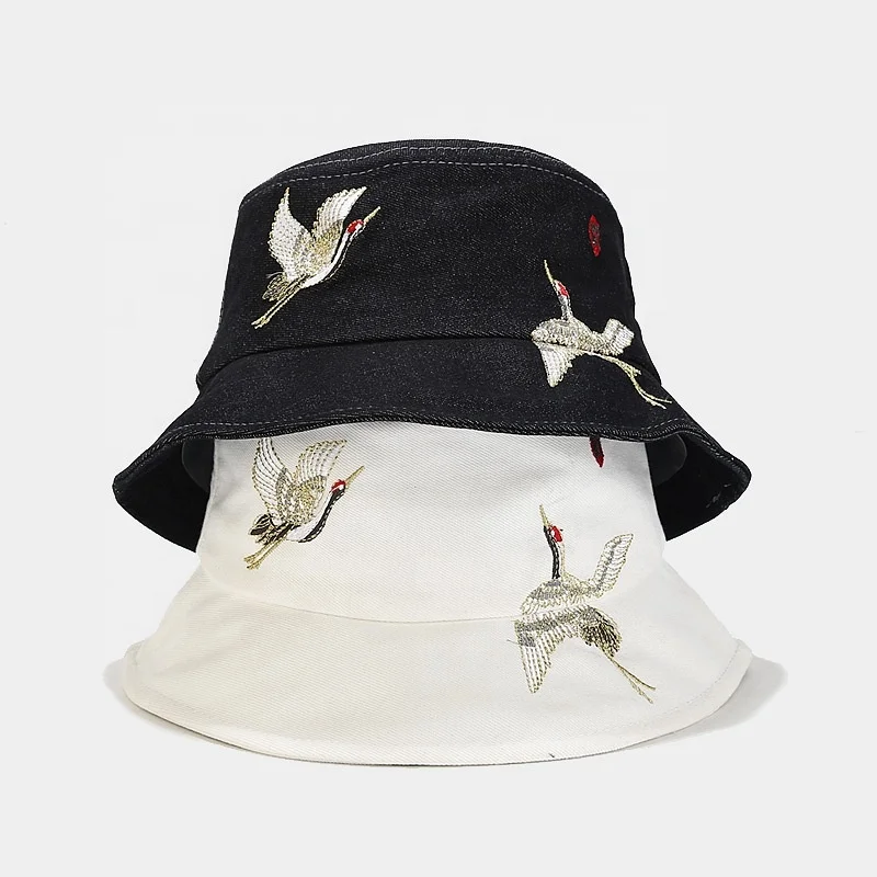 New Fashion Chinese Style Red-crowned Crane Embroidery Denim Sunscreen Bucket Hats And Caps for Men and Women