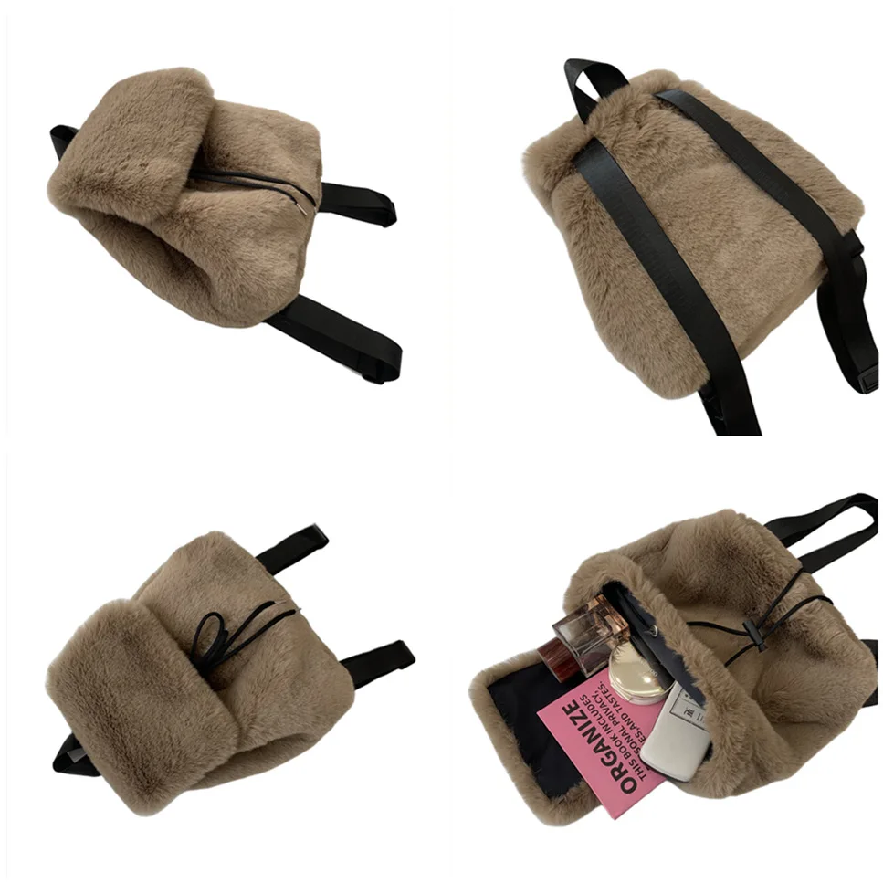 Wholesale  Multi Color Drawstring Backpack Fashion Winter Styling Soft Faux Fur School Girls Backpack Purse Plush Backpacks