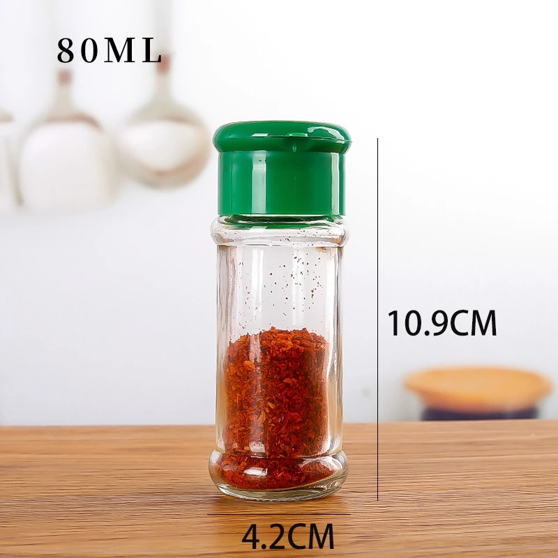 Recycled 70ml 100ml Round Glass Spice Jars Glass Condiment  Pepper Storage Jar with Green Red Yellow Black Plastic Shaker Lids