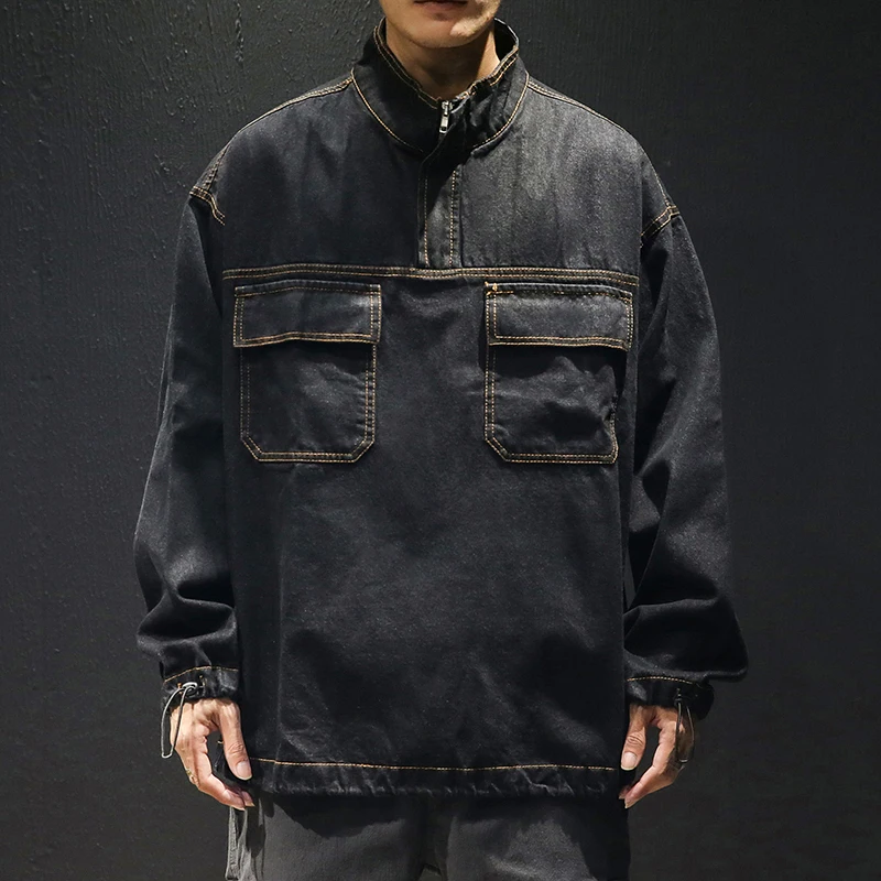 Custom Jean Jacket Men Fashion Plus Size Hoodies Denim Outwear Coat Loose Long Sleeve Denim Jacket