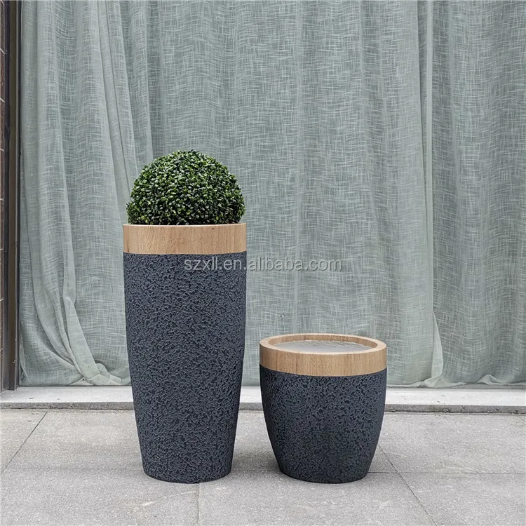 Indoor wood grain color floor standing large vase stone paint fiberglass decor plant pot decorated rooms vase