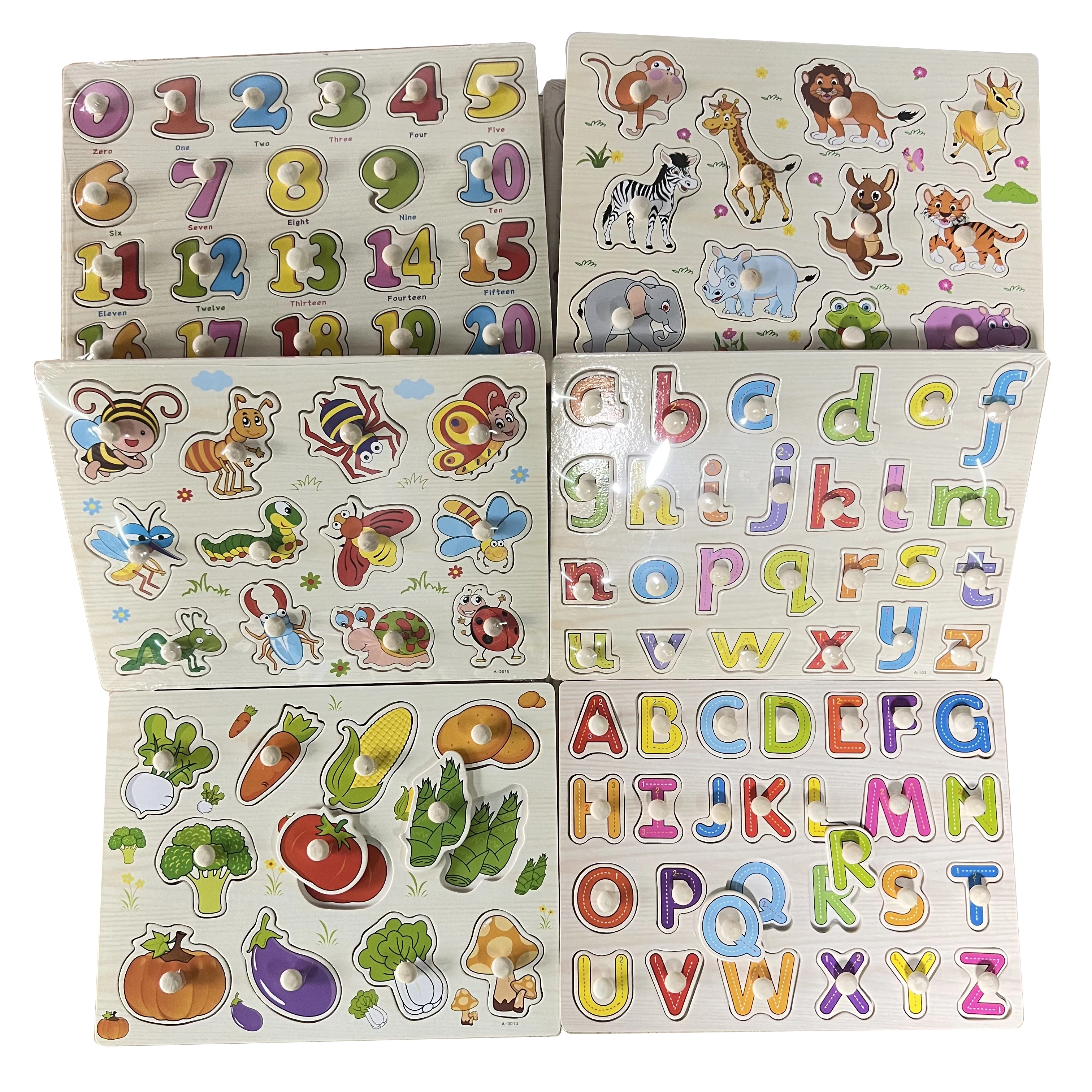 Montessori Wooden Alphanumeric & Animal Fruit Cognitive Puzzle Board Hand-Grasping Jigsaw Early Education Toys for Toddlers