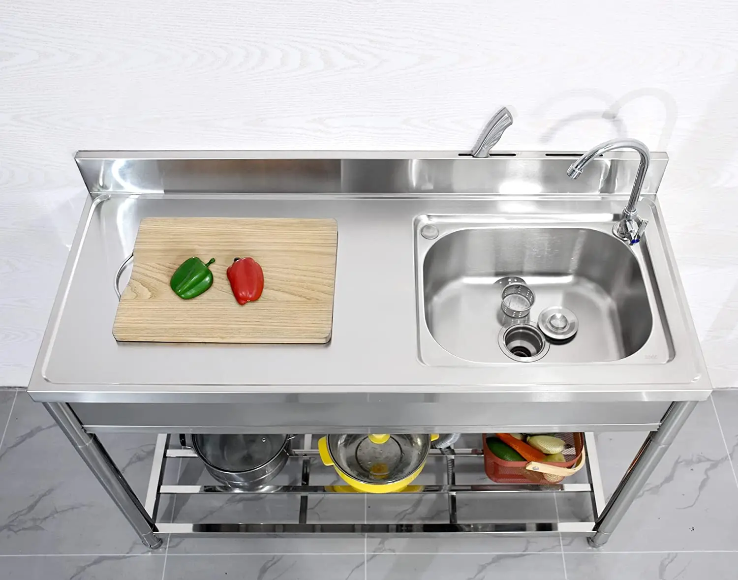 Free Standing Stainless-Steel Single Bowl Restaurant Kitchen Sink Set w/Faucet Drainboard Hand Basin w/Workbench Storage Shelves