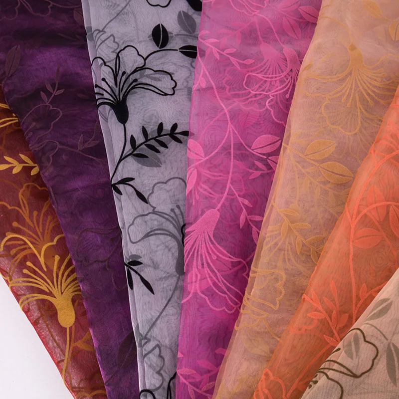 Высококачественная элегантная моющаяся футболка из стекловолокна, флокирующая ткань с цветочным принтом, шифон 100% полиэстер для домашнего текстиля или платья