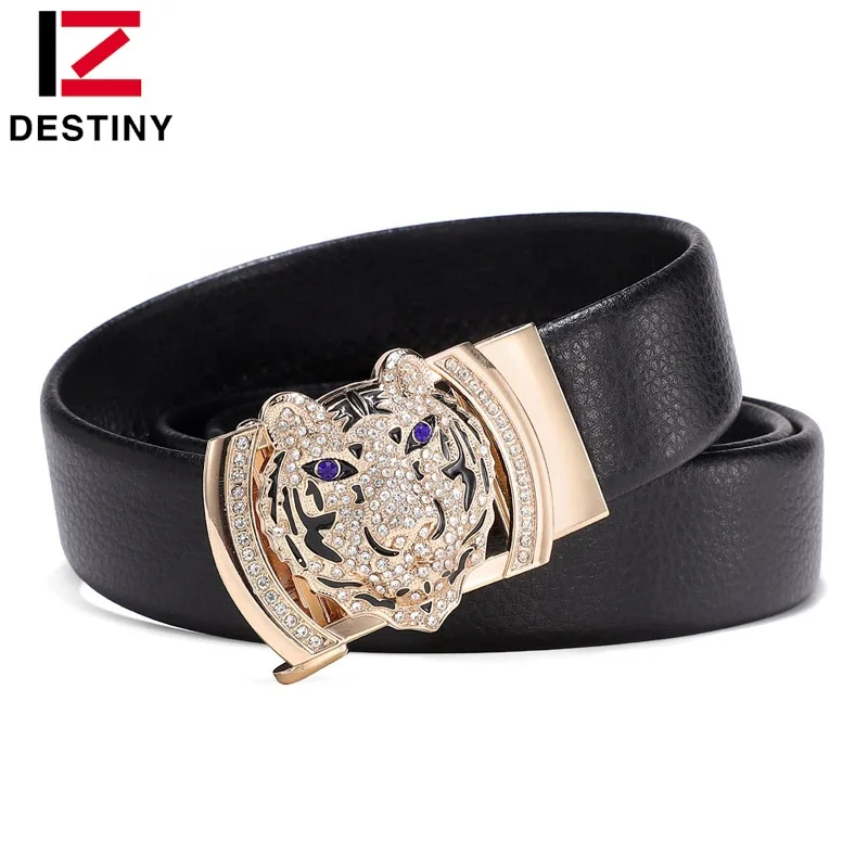 Factory Wholesale Trendy Tiger head Rhinestone Fashion Luxury Brand Famous Designer Men Genuine Leather Belt