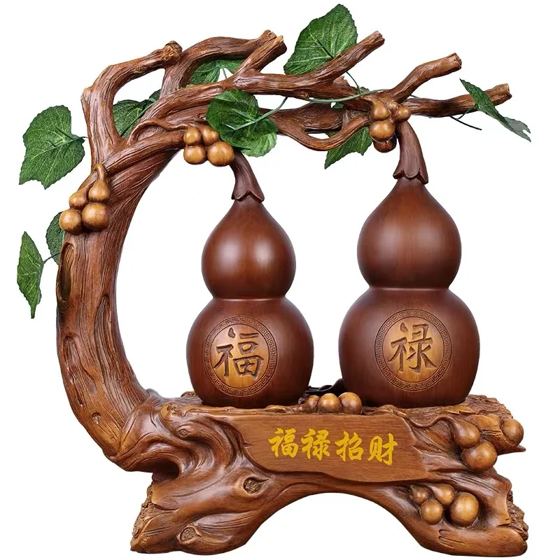 Chinese Traditional Fengshui Poly Resin Home Decoration Sculpture Wood Texture Finish Wulu gourd Sculpture