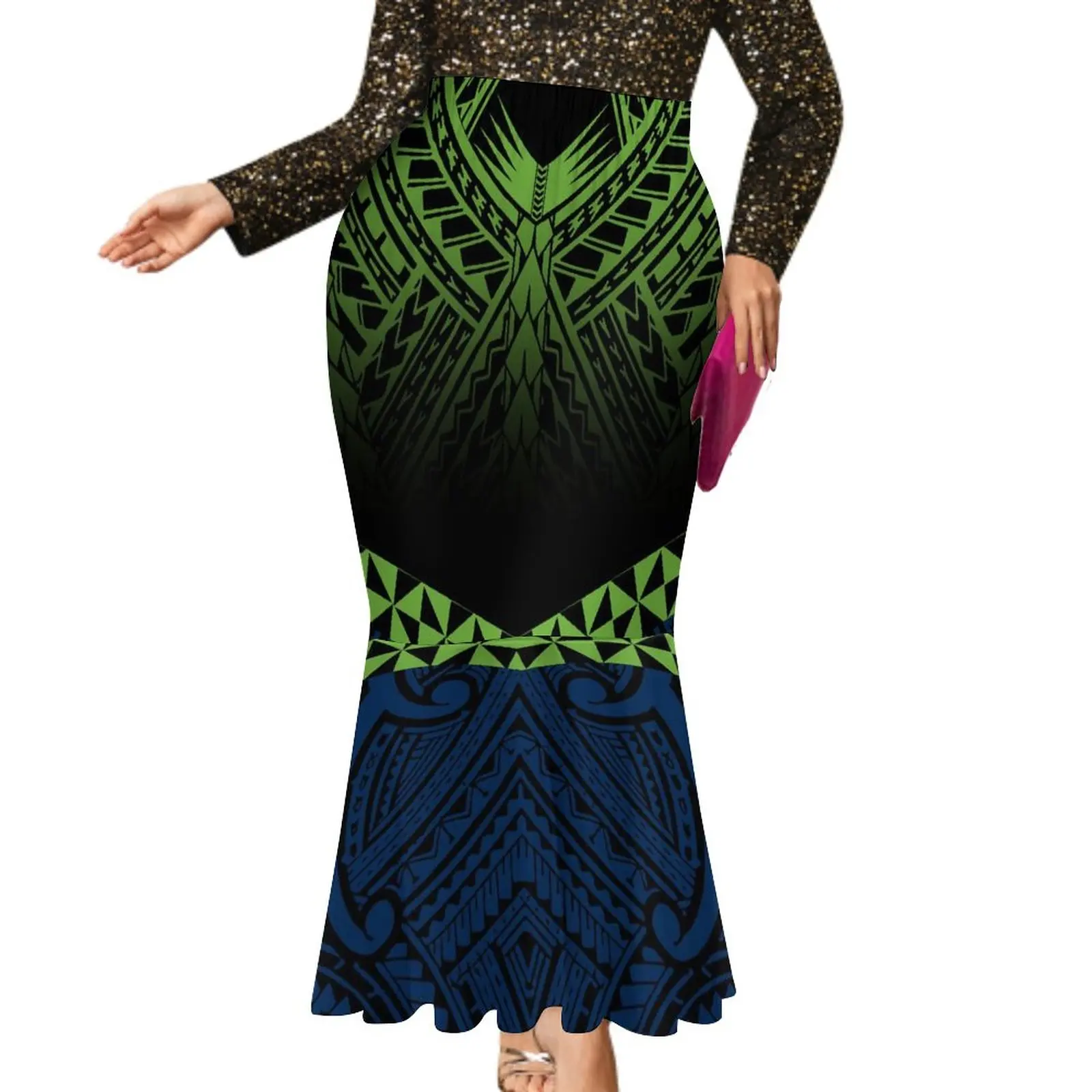 Green And Blue Pacific Island Art All-Match Tall Waist Fishtail Skirt Polynesian Samoan Retro Style Tall Waist Fish Tail Skirt
