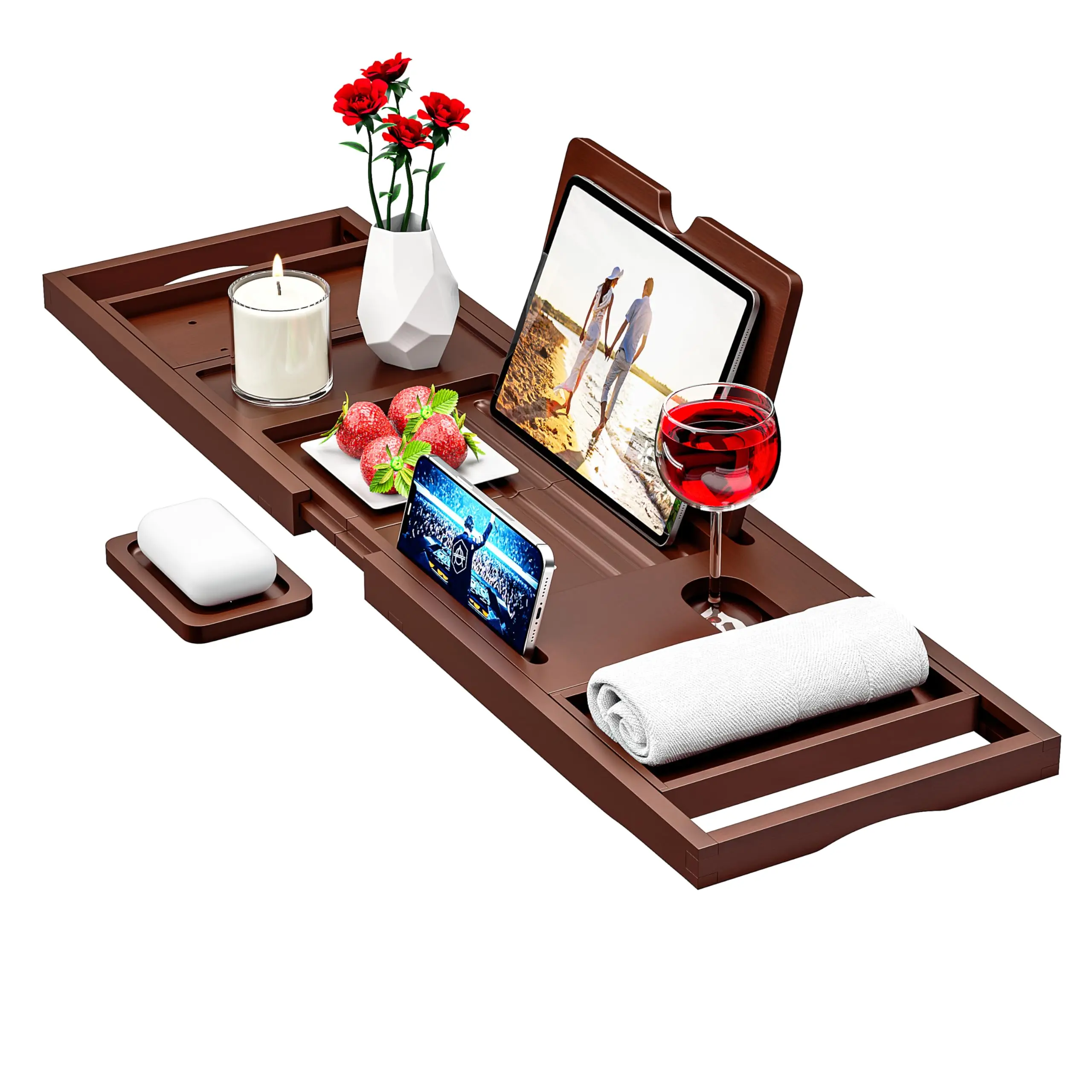 JQ Premium Bamboo Material Bamboo Bath Caddy with Soap Rack Bamboo Bathtub Tray Table for bathroom