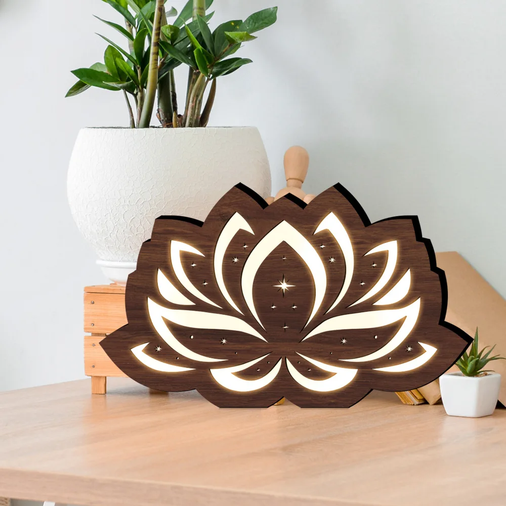 Home Table Decoration Bohemian Style Wood Crafts Carved Moon Butterfly Lotus Flower Lighting Ornament Night Light
