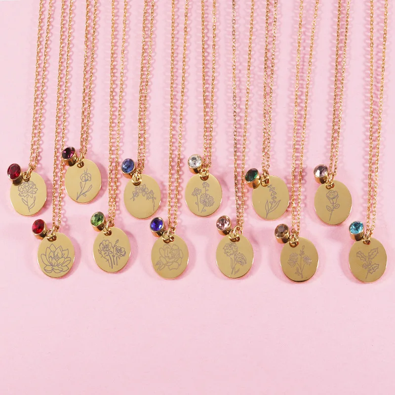 Customized Name Stainless Steel Birth Flower Pendant Necklace 18K Gold Plating 12 Birth Stones Flower Coins Charm Necklace