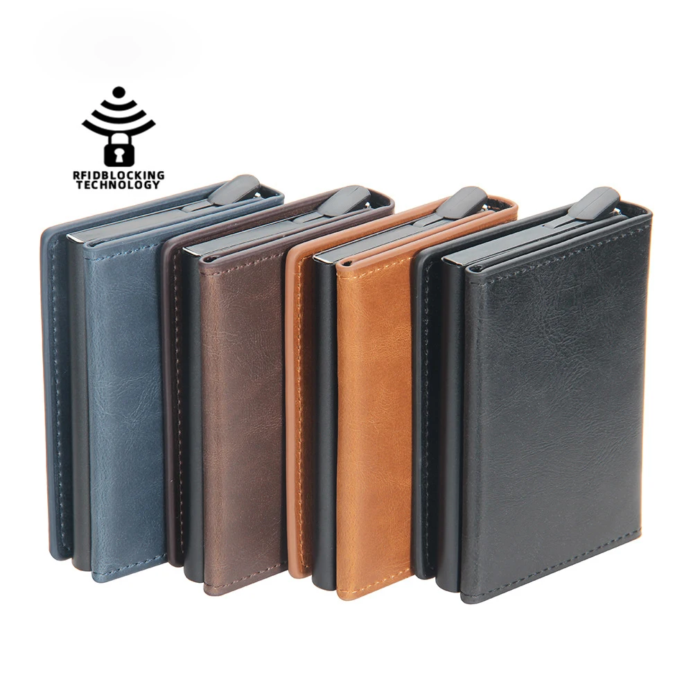 Magnet Rfid Blocking PU Leather Credit Cardholder Metal Wallet Magnet Aluminum Card Case with Magnetic Button and Coin Pocket