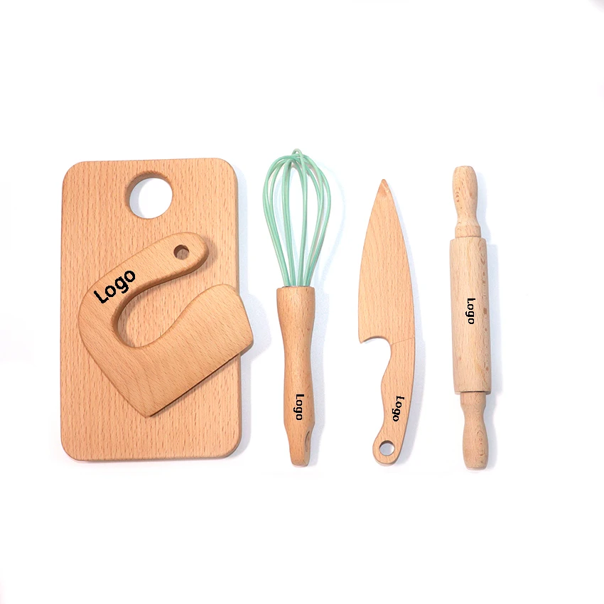 Wooden Kids Safe Knife and Kids Baking Set 5 Pcs Toddler Montessori Kitchen Tools Cooking and Baking for Kids Little Chefs