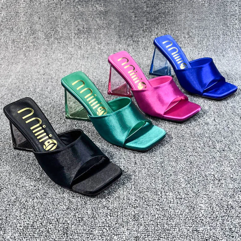 Ladies Fancy Triangle Crystal Heel Slipper Silk Open Toed Party Wedding Square Heel Slide Women Sexy High Slipper Pump