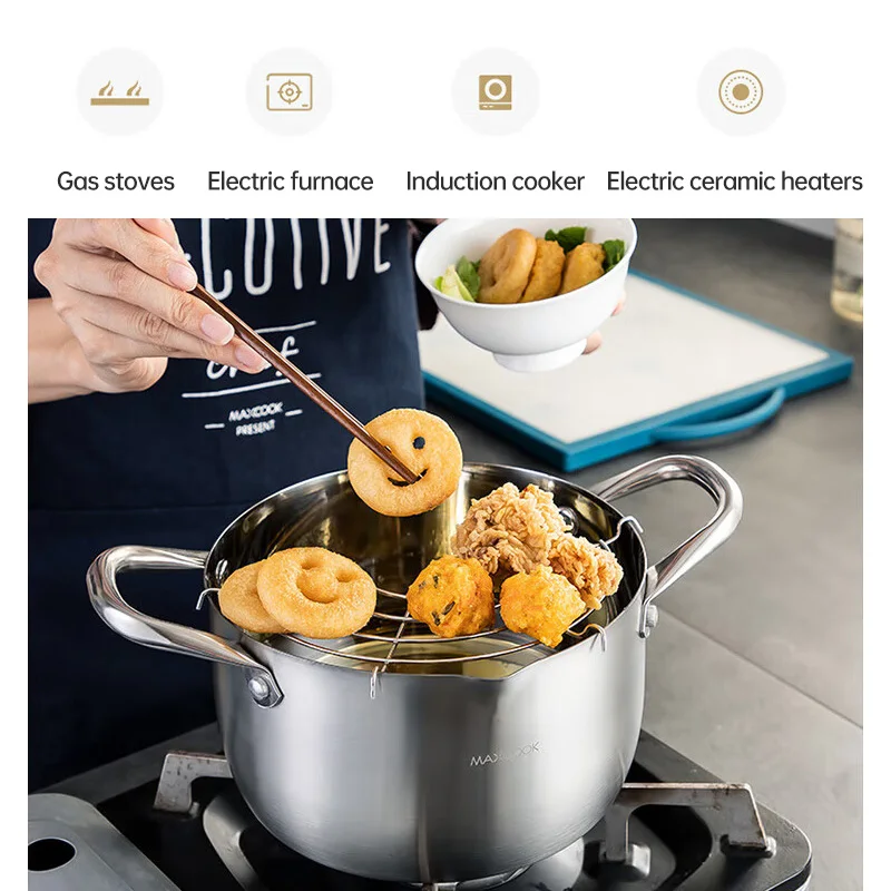 Multi function Japanese Style Mini Deep Oil Frying Pan Stainless Steel Tempura Fryer Pot with Drainer
