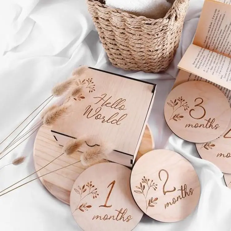 Wood Circle Slices Monthly Milestone Cards Set Unfinished Blank Hello World Baby 10 Inch 12 Inch Home Decoration Carved Nautical
