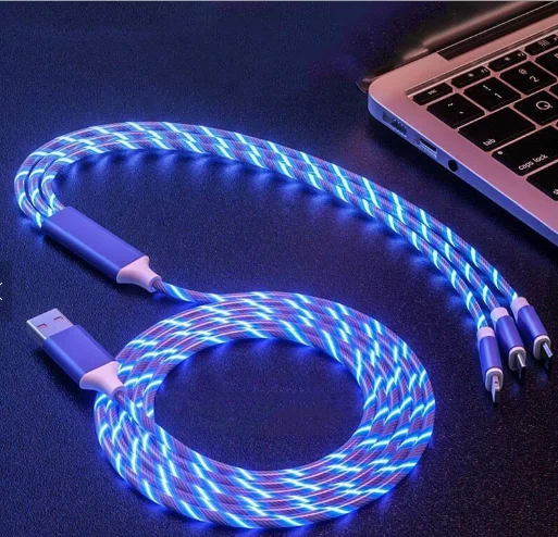 
2020 hot products factory wholesale led light usb cable flowing light 3in1 usb cable glowing luminous 3 in 1 charging usb cable 